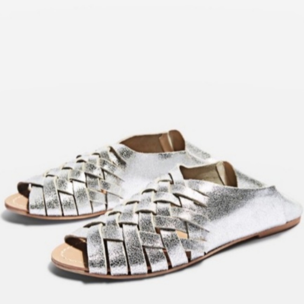 Topshop Florida Folddown Sandal in Silver leather 39